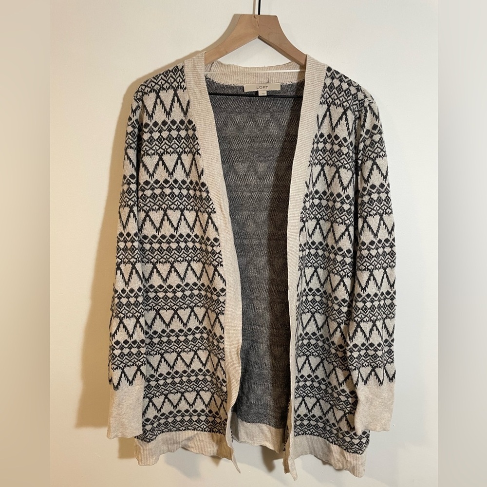 Loft Open Long Cardigan Gray Black White Size Large Wool Blend Soft & Cozy